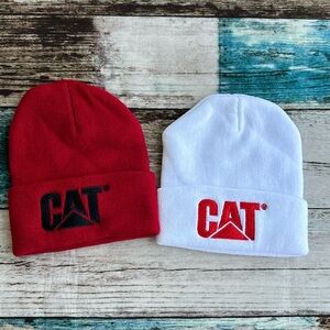 NWOT two Mens CAT beanies stretchy red and white